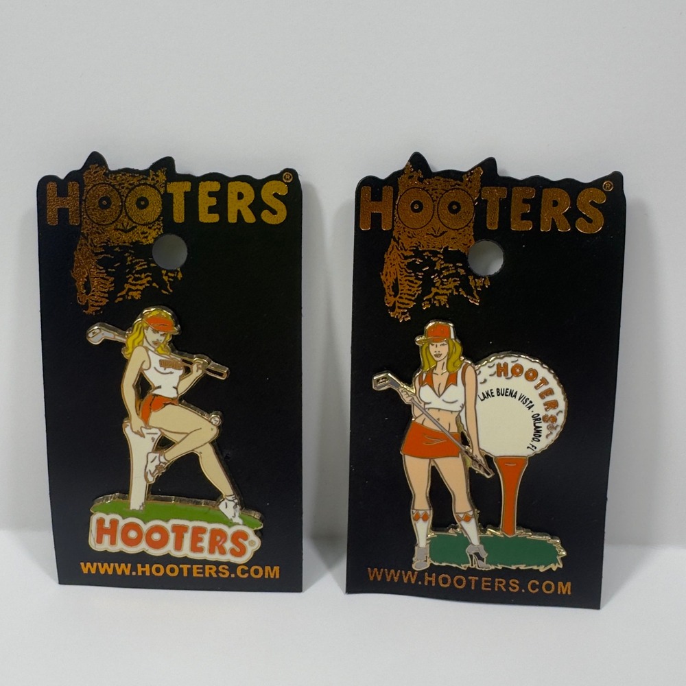 Vintage Hooters Enamel Pin Set 2pc Golf Girl Lake Buena Vista Orlando FL Gold